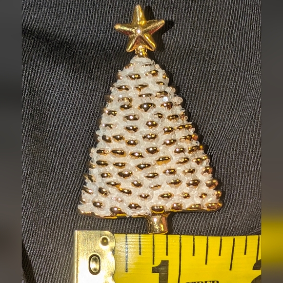 Vintage Donni Flocked Christmas Tree Brooch Porcelain Gold Tone - Picture 6 of 10